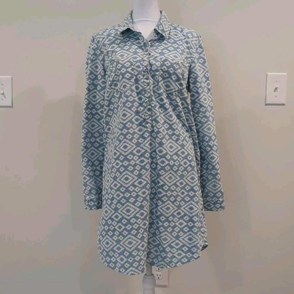 Lucky Brand Womens M Ikat Blue Chambray Boho Shirt Dress Aztec Preppy